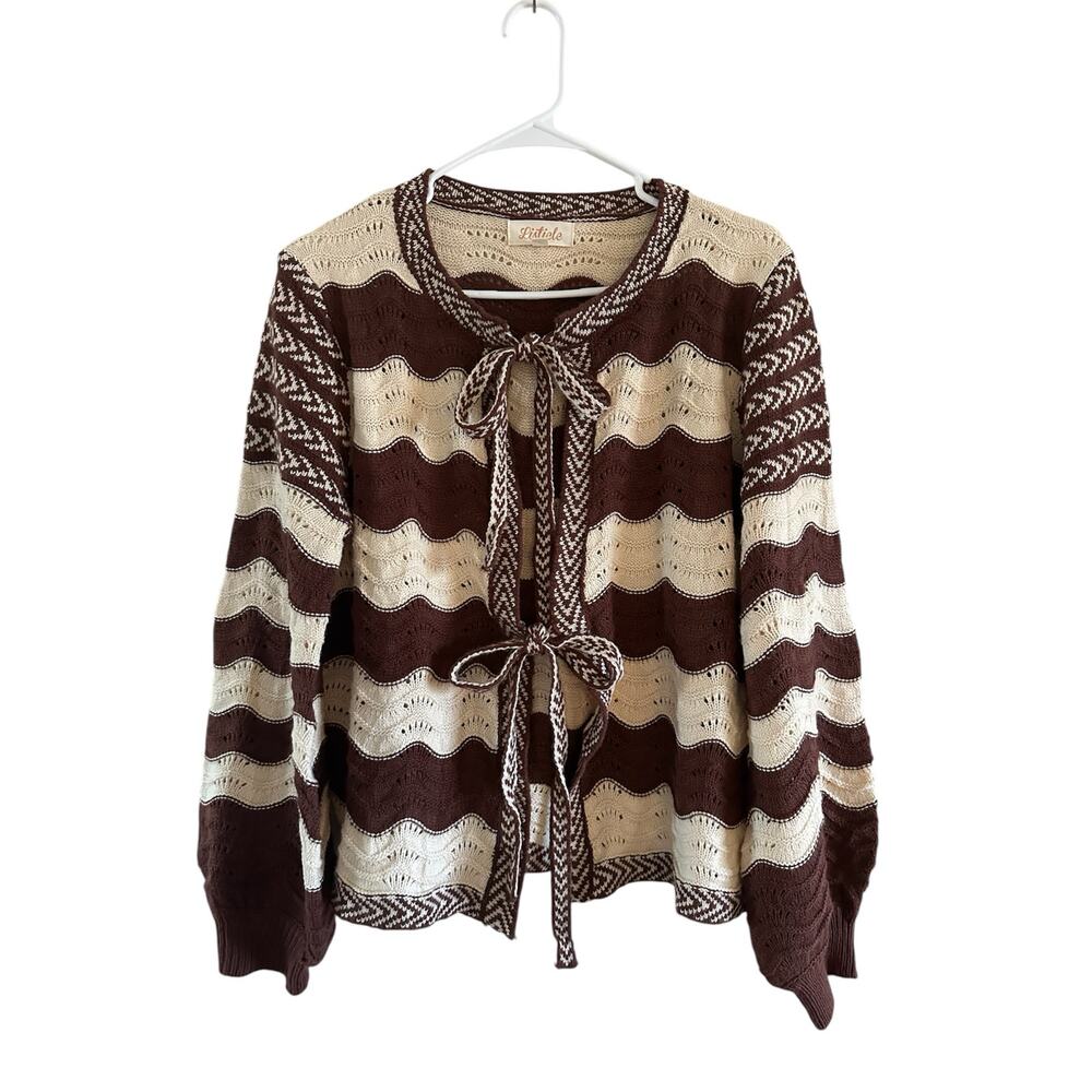 Listicle M brown zig zag swirl sweater stripe puff sleeve ties bows sexy top